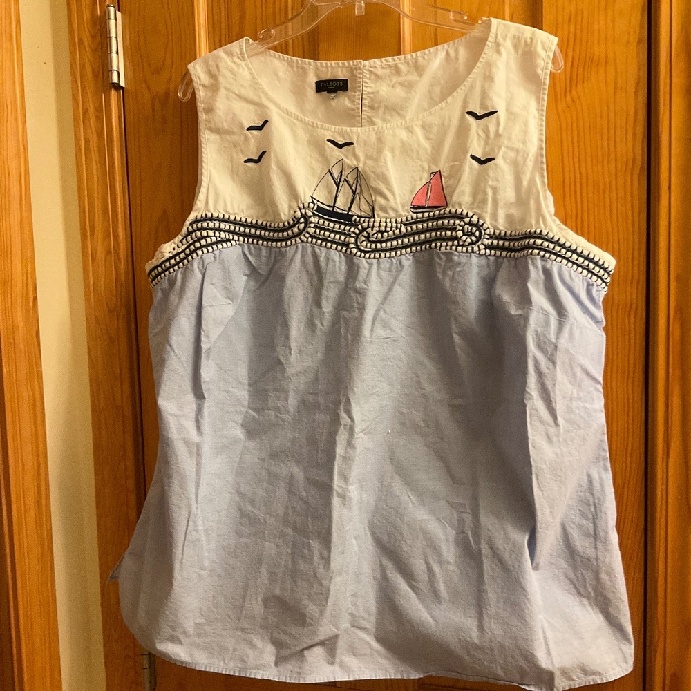 Talbots White & Light Blue Nautical Embroidered Sleeveless Top
